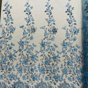 Princess Glitter 3d floral design embroidery with pearls in a mesh lace-sold by the yard - Light Blue