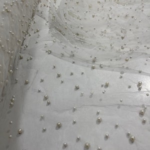 Ivory - Scattered Pearls Studded Mesh, 2-Way Stretch, sold by the yard.