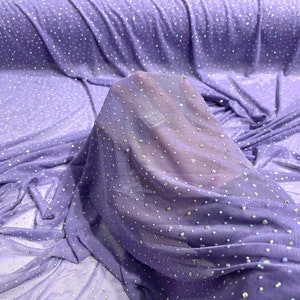 Lavender - Sheer All Over AB Rhinestones On Stretch Power Mesh Fabric, Sold by The Yard.