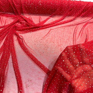 Red - Sheer All Over AB Rhinestones On Stretch Power Mesh Fabric, Sold by The Yard.