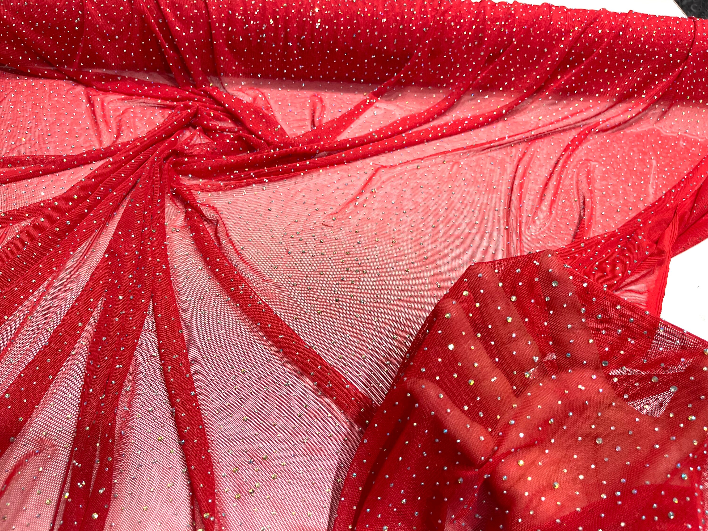 Sheer Mesh Rhinestone Red - Sheer All Over AB Rhinestones on Stretch Power Mesh Fabric, Sold ...