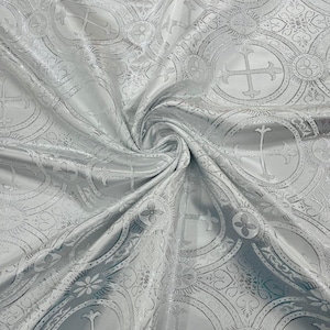 Rectangular Metallic Cross Brocade Jacquard Satin Tablecloth Overlay/Religious Brocade/Liturgical Fabric/Church - White/Silver.