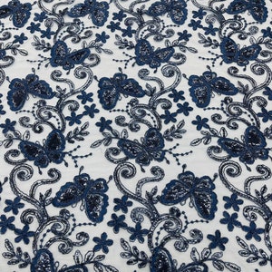 Corded Lace/ Butterfly Design Embroidered With Sequin on a Mesh Lace Fabric. Navy Blue Metallic