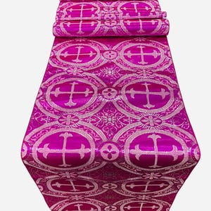 Religious Brocade Runner Tablecloth | Liturgical Fabric | Runner Ecclesiastical Jacquard | Church | Vestment-Cross Brocade. - Fuchsia/Silver