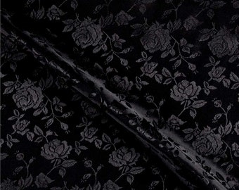 Negro - Tela de satén jacquard con brocado de flores de poliéster de 60" de ancho, se vende cortada a medida.