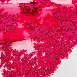 Corded lace 3d floral embroider sold by the yard - Fuchsia