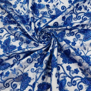 Corded Lace/ Butterfly Design Embroidered With Sequin on a Mesh Lace Fabric. Royal Blue Metallic
