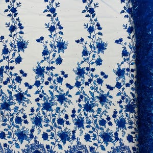 Princess Glitter 3d floral design embroidery with pearls in a mesh lace-sold by the yard - Royal Blue