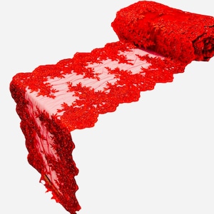 14"Wide X 90"Long Sequins Metallic Embroidered Lace on Mesh Fabric, Trim Lace, Table Runner. RED
