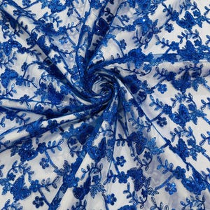 Royal Blue Metallic - Corded Lace/Small Butterfly Design Embroidered With Sequin on a Mesh Lace Fabric.