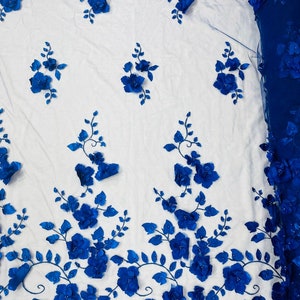 Orquidia 3d floral design embroider with pearls in a mesh lace fabric-dresses-fashion-decorations-prom-sold by the yard. ROYAL BLUE