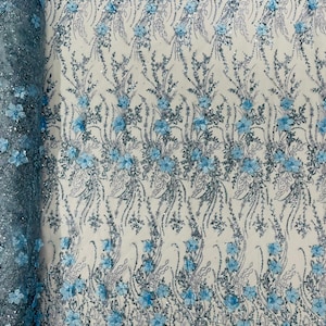 3d Luxury satin flower glitter sequin fabric/prom fabric/wedding lace/costume/apparel - Light Blue