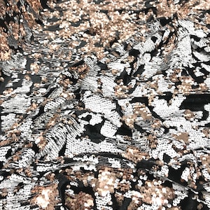Sequins Flip Two Tone Camouflage Design on a Black Stretch Velvet, Sold by the Yard. Gold/White main image 1
