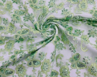 Corded Lace/ Butterfly Design Embroidered With Sequin on a Mesh Lace Fabric. Sage Green