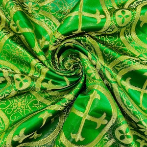 Rectangular Metallic Cross Brocade Jacquard Satin Tablecloth Overlay/Religious Brocade/Liturgical Fabric/Church - Green/Gold.