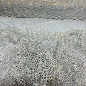 Vip TEXTILES INC - White AB Iridescent Rhinestones On Soft Stretch Fish Net Fabric 45&quot; Wide -sold by The Yard.