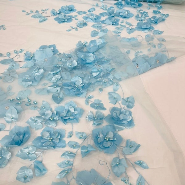 Orquidia 3d floral design embroider with pearls in a mesh lace fabric-dresses-fashion-decorations-prom-sold by the yard. Aqua Blue