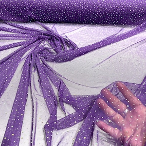 Purple - Sheer All Over AB Rhinestones On Stretch Power Mesh Fabric, Sold by The Yard.