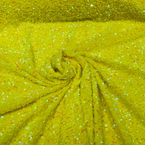 Clear Iridescent/Yellow - stretch velvet with luxury sequins all over 5mm shining sequins 2-way stretch, sold by the yard.