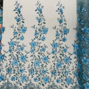 3d Orquidia satin flower glitter sequin fabric/prom fabric/wedding lace/costume/apparel - Light Blue