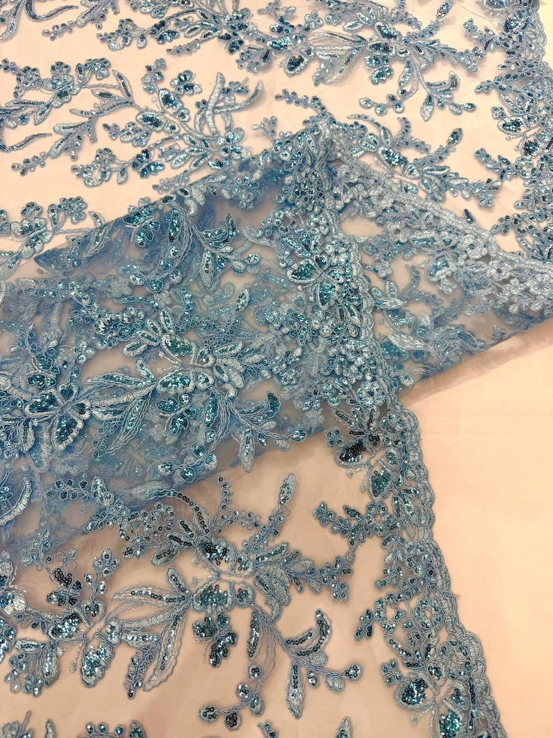 Light Blue Lace Pattern Computer Light Blue Corded Lace With Butterfly Embroidery and Sequin on Mesh ...