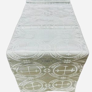 Religious Brocade Runner Tablecloth | Liturgical Fabric | Runner Ecclesiastical Jacquard | Church | Vestment-Cross Brocade. - White/Silver