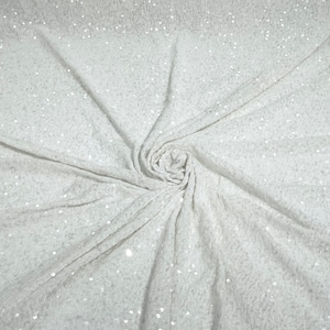Clear/White - stretch velvet with luxury sequins all over 5mm shining sequins 2-way stretch, sold by the yard.