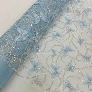 Light Blue - 3D butterfly design embroider and beaded on a mesh lace-prom-sold by yard.