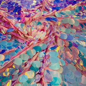Jumbo Sequins Oval Sequin Paillette/Tear Drop Mermaid Big Sequins Fabric On Pink Mesh/ 54 Inches Wide.  Aqua Blue