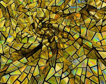Broken Glass Sequin Design/Geometric/ On Black Stretch Velvet Fabric Sold By The Yard - Gold Iridescent.