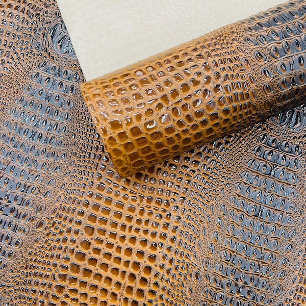 Honey Caramel Glossy Two Tone Gator Fake Leather Upholstery, 3D Crocodile Skin Texture Faux Leather PVC Vinyl, 54" Wide