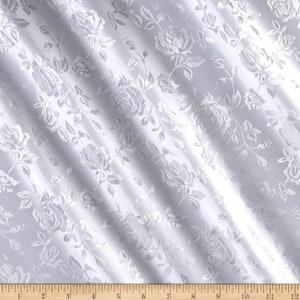White - 60&quot; Wide Polyester Flower Brocade Jacquard Satin Fabric, Sold By The Yard.