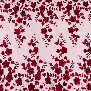 Double Scalp Orquidia 3d floral design embroider with pearl in a mesh lace fabric-dresses-fashion-decoration-prom-sold by the yard BURGUNDY