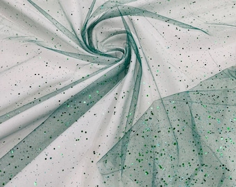 Sparkle tulle glitter with sequin fabric shimmer/ tulle glitter for dresses/ mesh glitter fabric/ costume fabric. Hunter Green