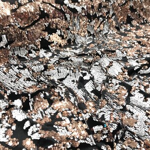 Sequins Flip Two Tone Camouflage Design on a Black Stretch Velvet, Sold by the Yard. Gold/White main image 0