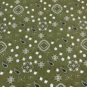 K&ouml;nnte beinhalten: Gr&uuml;ner Stoff mit einem wei&szlig;en und schwarzen Paisley-Muster.