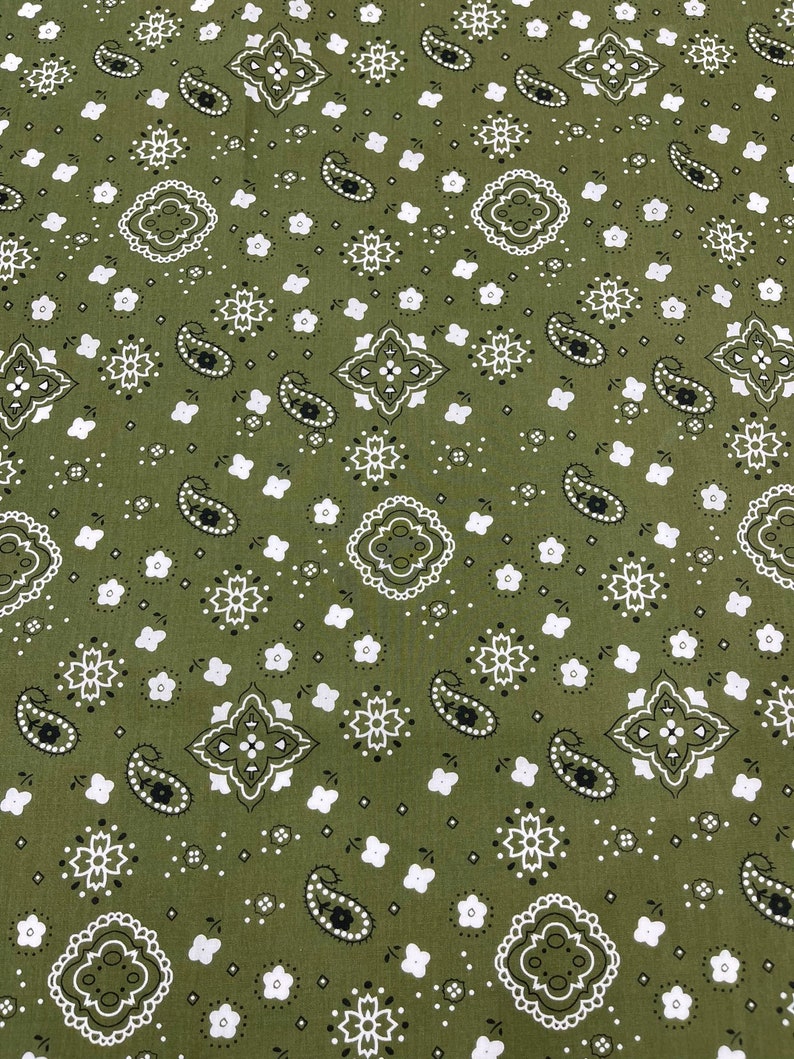 K&ouml;nnte beinhalten: Gr&uuml;ner Stoff mit einem wei&szlig;en und schwarzen Paisley-Muster.
