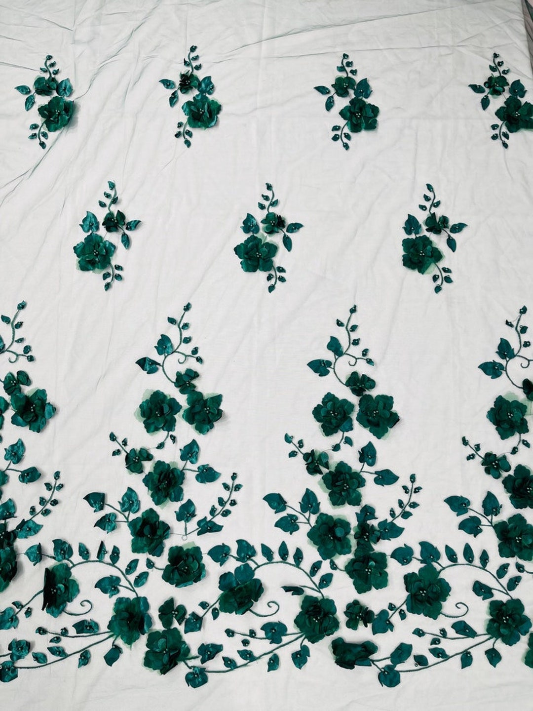 3D floral design embroider with pearls in a mesh lace-sold by the yard. Hunter Green main image 1