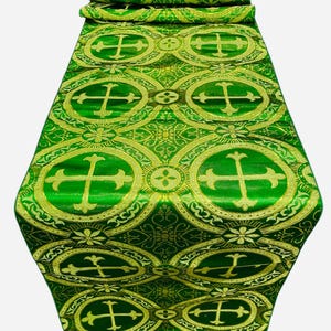Religious Brocade Runner Tablecloth | Liturgical Fabric | Runner Ecclesiastical Jacquard | Church | Vestment-Cross Brocade. - Green/Gold