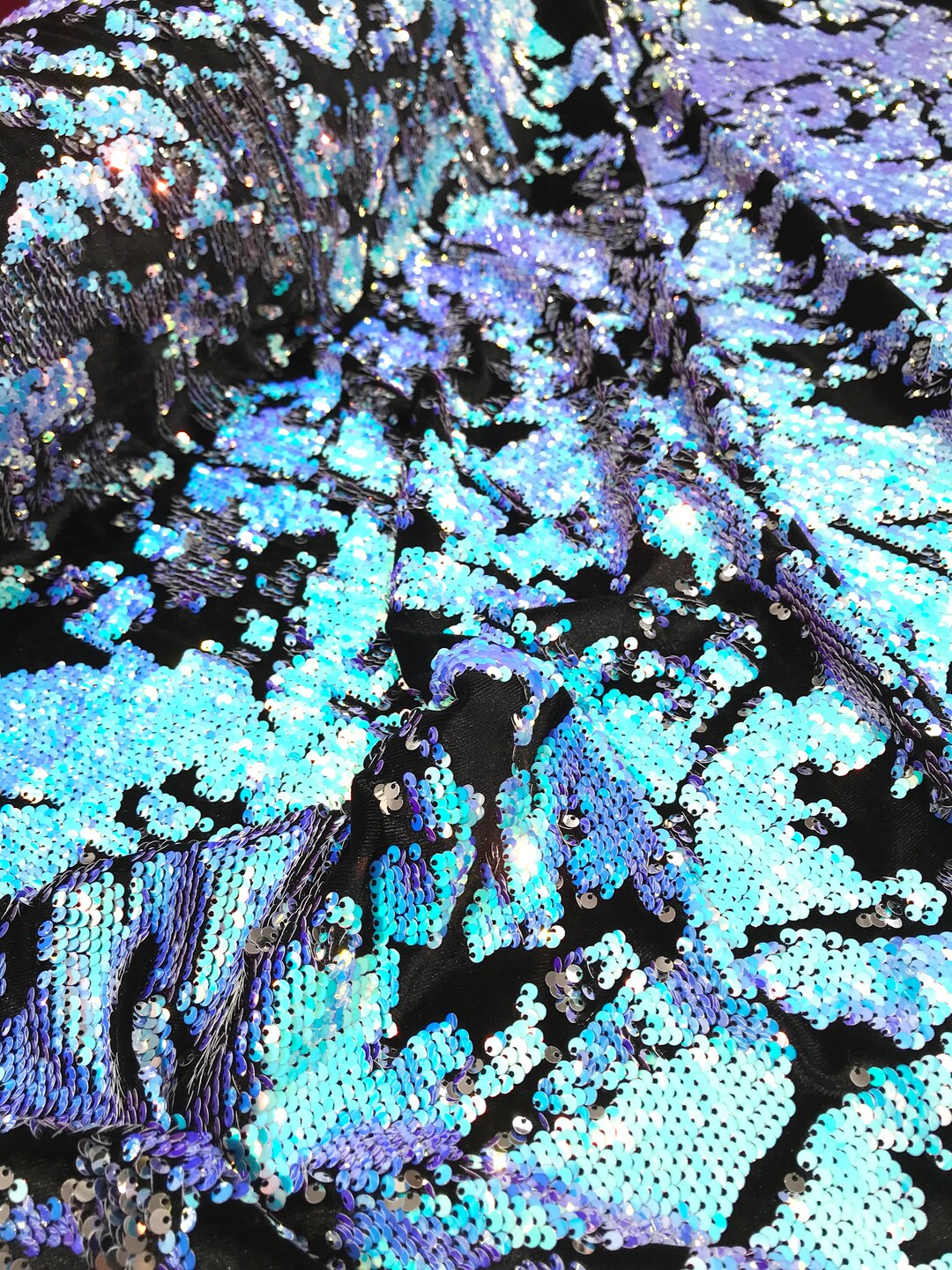 Sequins Flip Two Tone Camouflage Design on a Black Stretch Velvet, Sold by the Yard. Red/Green main image 1