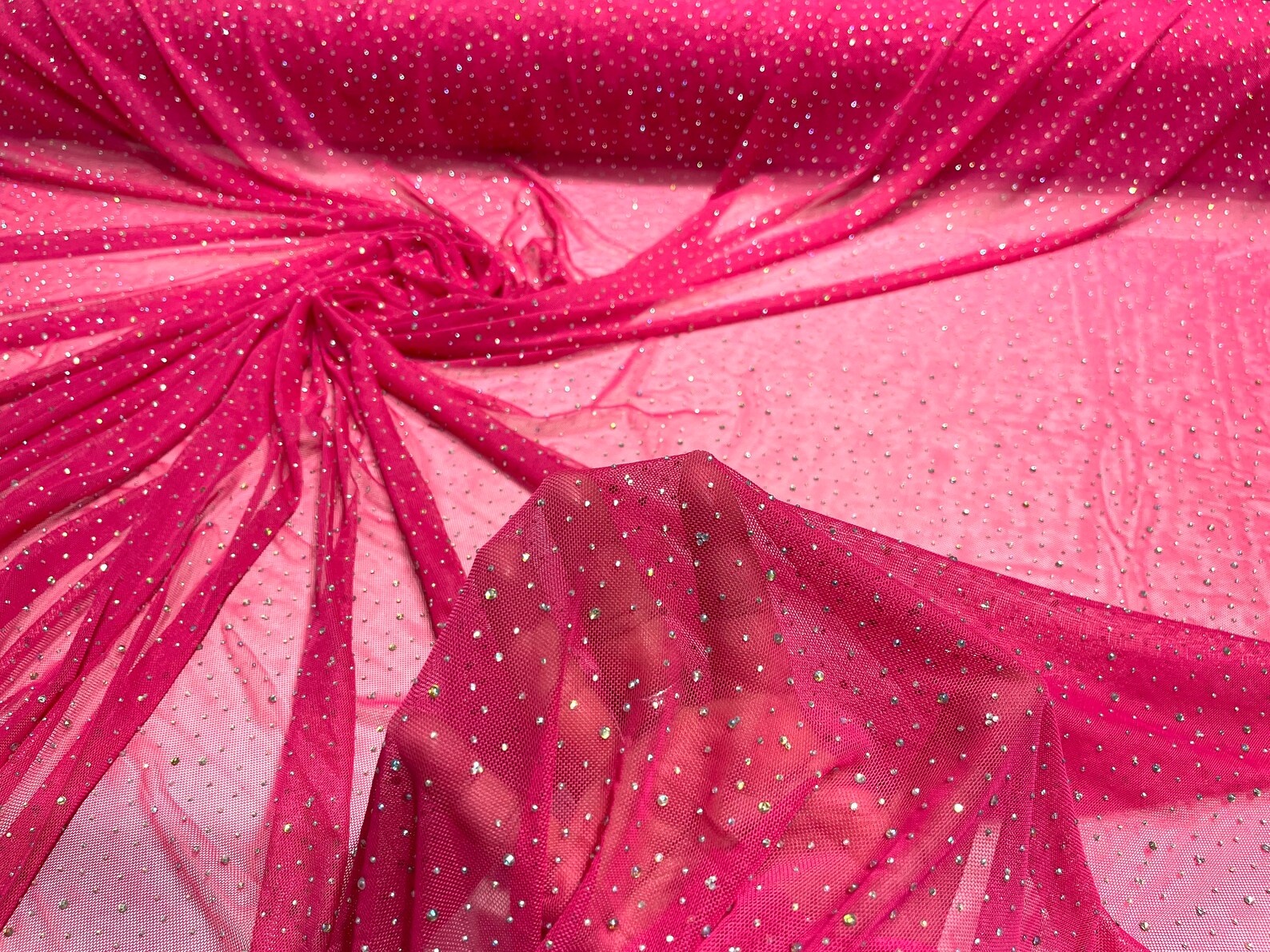 Sheer Mesh Rhinestone Hot Pink - Sheer All Over AB Rhinestones on Stretch Power Mesh Fabric ...