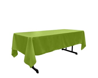 May include: A solid green rectangular tablecloth draped over a table. The tablecloth is made of a smooth, wrinkle-resistant fabric.