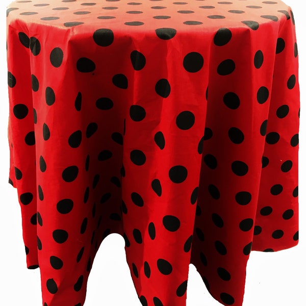 Polka Black on Red, VIP TEXTILE INC, Round Poly Cotton Print Tablecloth. (Choose Size Below)