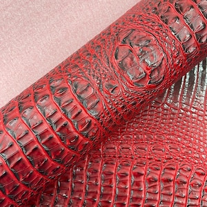 May include: Rolled red leather with a crocodile skin texture. The leather has a glossy finish and dark black shading in the grooves, creating a three-dimensional effect. The background is a light pink fabric.