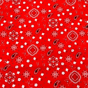 K&ouml;nnte beinhalten: Roter Bandana-Stoff mit einem wei&szlig;en Paisley-Muster. Der Stoff zeigt ein sich wiederholendes Muster aus Paisley-Formen, kleinen Blumen und Rauten.