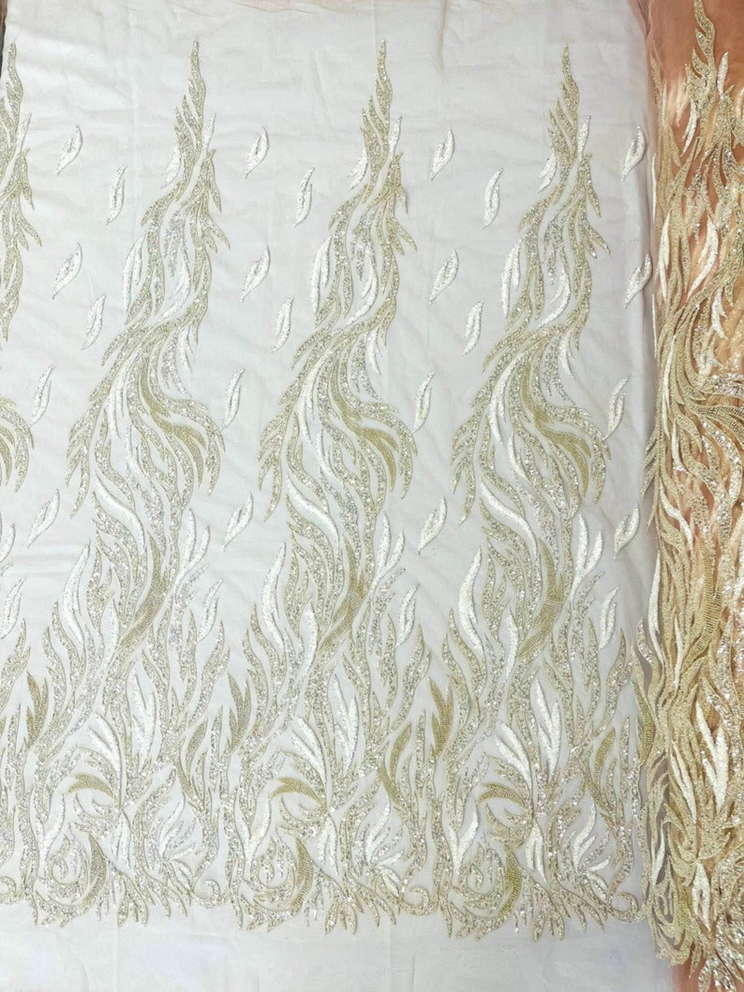 Royalty Fabrics Feathers hand beaded design embroider on a mesh lace-prom-sold by the yard. Silver main image 0