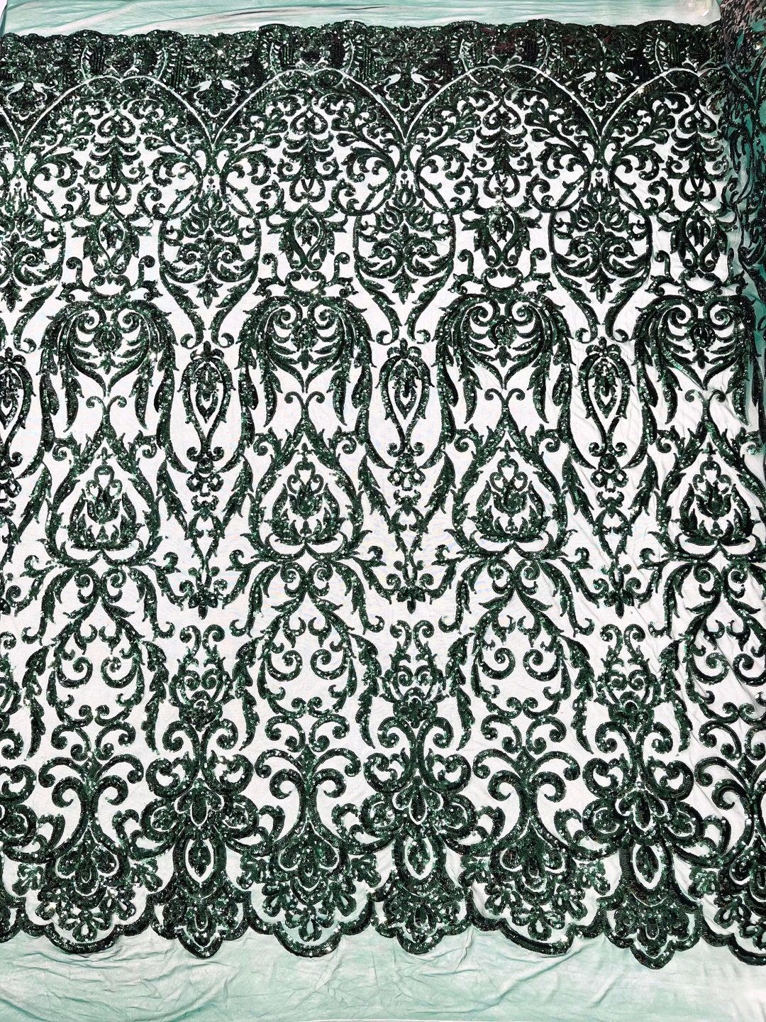 Damask Shiny Sequin Shell Design On a 4 Way Stretch Mesh Fabric -Prom-Sold By The Yard. Hunter