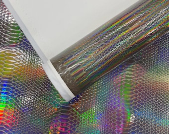Tessuto in PVC goffrato olografico / vinile effetto serpente per rivestimenti, applicazioni, accessori artigianali, effetto serpente iridescente.