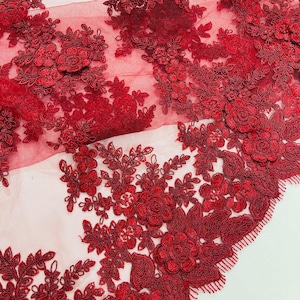 Corded lace 3d floral embroider sold by the yard - Burgundy