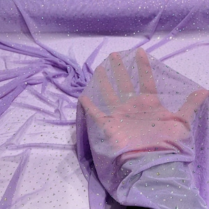 Lilac - Sheer All Over AB Rhinestones On Stretch Power Mesh Fabric, Sold by The Yard.